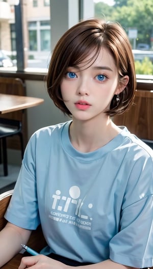 (8k, raw photo, highest quality, master piece: 1.2), (realistic, photorealistic: 1.37), One Girl, Only 19, cute, adorable, (blue eyes), (shy smile: 0.4), (solo), Details Face, oval face, pale almond-shaped eyes, (short brown hair: 1.3), hair over one eye, slender build, medium chest, gray sweatshirt, lying on back, head tilted, fluorescent Lights, sitting in a coffee shop, by the cafe, window, small head, (looking away), teenage girl, earrings, pen,MaryAmber,shirt