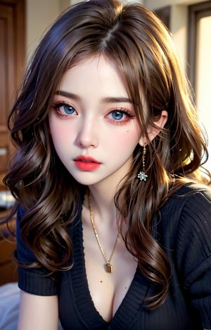 (incredibly absurd, super detailed, cg, uniform, 8k wallpaper), (masterpiece), (realistic), (photorealistic: 1.2), (raw photo: 1.2), (highest quality: 1.2), (detailed face: 1.4), (beautifully detailed eyes: 1.2), (detailed hair), light on face, huge file size, cinematic lighting, 1 girl, sexy, eyeliner, cute, student, long hair, brown hair, ((wavy hair)), hair accessory, ((light blush)), ((mole under eye)), ((expressionless eyes)), blue eyes, ((medium breasted)), fashionista, red lips, makeup, shirt lifted, ((black sweater dress)), black knee-high socks, high heels, jewelry, earrings, necklace, look at the viewer, depth of field,