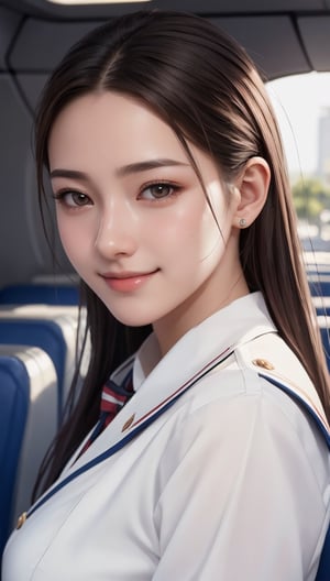 Ultra high resolution, masterpiece, top quality, highly detailed face, detailed eyes, very complex, perfect shiny shiny skin, perfect lighting, detailed lighting, dramatic shadows, ray tracing, 18 years old, 1 girl, pulled back hair, upper body, stewardess uniform, looking at camera, (smile): 0.4), acjc, surugirashi, minji