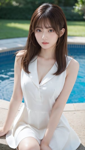 (8k, RAW photo, realism: 1.25), 1 woman, face close-up, medium breasts, light brown hair, blunt bangs, hair behind ears, hair over shoulders, long hair, slim figure, very slim face, thin face, delicate lips, beautiful eyes, light blush, eyes are light brown, perfect shiny skin, flawless skin, glistening sweat, look here, very slim hands, very slim fingers, best ratio of 4 fingers to 1 thumb, (realism: 1.3), finger extensions, uniform, white dress shirt, dark blue pleated skirt, summer poolside, first person perspective, Fujifilm, medium breasts, 8K, Mastepiece, nffsw, super detail, high quality, best quality, high resolution, Enako, Asuka