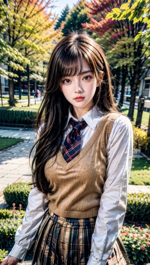 Masterpiece, best quality, high resolution face, detailed eyes, one girl, solo, school uniform, long sleeves, medium bust, vest, brown hair, long hair, bag, autumn landscape, nature, plaid, striped tie, shirt, looking at viewer, dynamic pose, gravure-like pose, medium movement