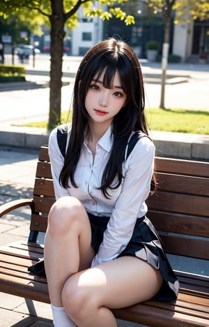 Bright expression, photorealism, highest quality, super high resolution, photo, the most beautiful Nordic girl photos, fine, cute and beautiful face, small face, (pureerosface_v1:0.008), beautiful bangs, Alice in Wonderland, 15-year-old student, (thighs thighs thighs:1.2), full body Evian, shining white shiny skin, small face, bangs that reach the face, bangs, hair between the eyes, attractive black silky hair, clear light blue eyes are attractive, (winter uniform:1.2), (pleated skirt:1.2), eyeliner, park, sitting on a bench, double eyelids, ample breasts, gravure-like pose