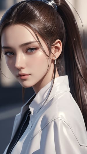 Super high resolution, masterpiece, highest quality,
Highly detailed face, detailed eyes, very complex, perfect shiny shiny skin, perfect lighting, detailed lighting, dramatic shadows, ray tracing, 16 years old, one girl, with ponytail Hairstyle, upper body, cyberpunk coat, white shirt , looking at the viewer, (slight smile: 0.4),