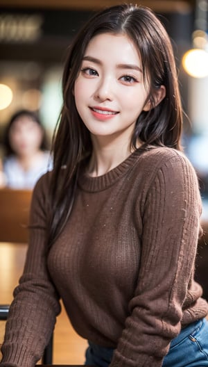 highly detailed eyes, highly detailed face, best quality, tabletop, highly detailed, extremely detailed, (realistic, photorealistic: 1.3), smiling, (facing forward), looking at viewer, autumn casual outfit, girl alone, coffee shop, meeting, urban vibe, autumn, absurd, attractive, star