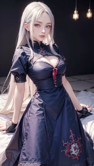 absurd, essential, best quality, nffsw, 1 female, mature female, (sharp focus), villain smile, medium breasts, (long silver hair), hime style, hime hair, (blue eyes), (detailed eyes), red and white nugoth dress, short sleeves, thighs, purple bouquet, realism, Black_castle, highly detailed, vibrant, intricate details, photorealistic, Sulgilorashi, d4sh4, 2b, plain doll, fancy clothes