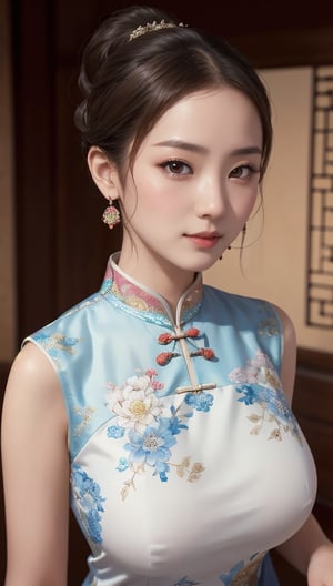 Chinese girl in Chinese dress, (((masterpiece))), ((top quality)), ((intricate details)), ((surreal)), absurd resolution, young woman, perspective, Highly Detailed, Illustration, 1 Girl, ((Big Breasts)), Perfect Hands, Detailed Fingers, Beautifully Detailed Eyes, Handsome Ponytail Hair, Brown Eyes, (Cheongsam:1.2), Earrings, Detailed background, perfect eyes, seductive eyes, looking at the viewer, from the front