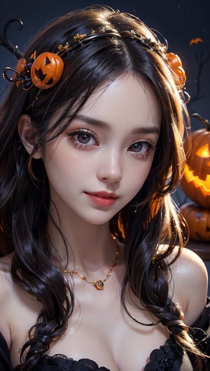 (8K High Resolution),(Best Quality),(RAW Quality),(Tabletop: 1.2),(Realistic),(Photorealistic: 1.37),Big eyes,Long eyelashes,(Realistic photorealistic style),Ultimate face,Realistic light and shadow,Clear facial features,Fair skin,Best portrait,Close-up,Single girl,Cute,Beautiful detailed eyes,Highly detailed skin,(Beautiful face with double eyelids),(Realism: 1.4),((Full body image)),Beautiful face with great detail,,Woman around 20 years old,(Beautiful face 1.4),Medium hair,(Japanese high school student wearing Halloween costume),(Eye contact with audience),Red lipstick,Drawing around eyes,(Smiling a little),Halloween night city,,Halloween costume,Long sleeves,Beautiful face in the light,Red lipstick,Drawing around eyes,Very beautiful legs,Very bright world,Jack-o'-lantern,Pumpkin,Halloween