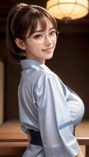 Real, masterpiece, highest quality, raw photo, 1 girl, solo, ponytail, 46 point diagonal bangs, brown hair, detailed face, glamorous face, wicked smile, silver-rimmed glasses, yukata, big breasts, dynamic pose, viewer eye, from below, detailed background, detailed interior, intricate details, ray tracing, depth of field, low key, HDR, acjc