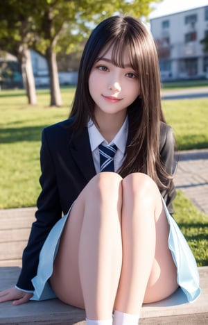 bright expression、photorealisim、top-quality、超A high resolution、a picture、Photos of the most beautiful Nordic girls、Detailed cute and beautiful face、a small face、(pureerosface_v1:0.008)、Beautiful bangs、alice in the wonderland、15yo student、(thighs thighs thighs thighs:1.2)、full body Esbian、Glowing white shiny skin、a small face、Bangs that extend to the face、bangss、Hair between the eyes、Silky hair of attractive black coloner hair、 Clear light blue eyes look attractive、(winter school uniform:1.2)、(pleatedskirt:1.2)、eye liner、a park、Sitting on a bench、Double eyelids、ample breasts、Dynamic Pose