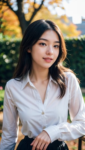 Masterpiece, DSLR photography, analog style, Nikon D5, live action photography, beautiful 16 year old female, dramatic lighting (85mm), autumn garden in background, (detailed face), (beautiful sparkling eyes), dynamic angle, Michelangelo style, long hair, long sleeve white button up shirt, smile: 1.4, Bzpeony