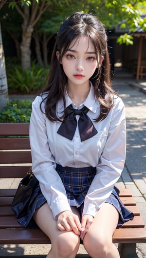 (8K High Resolution), (Highest Quality), (RAW Quality), (Tabletop: 1.2), (Realistic), (Photorealistic: 1.37), ,Big eyes, long eyelashes, (Realistic style of real life), Ultimate face, realistic light and shadow, distinct facial features, ,Fair skin, ),Best portrait, Close-up, 1 girl, Cute, Beautiful detailed eyes, Highly detailed skin, (Beautiful face with double eyelids), (Realism: 1.4), ((Full body image)) ,Beautiful face with details,, Woman around 20 years old, (Beautiful face 1.4),Medium hair,((Japanese high school student in uniform)),(Eye contact with audience),Red lipstick,Drawing around eyes,(Smiling slightly),Sitting on a bench in a park surrounded by nature,(Japanese uniform), Long Sleeves, Beautiful face reflected in the light,Red lipstick,Drawing around eyes,Very beautiful legs are attractive,Very bright world,Tie,Checked pattern,Checked skirt,School uniform,White shirt,JK suit,Pleated skirt,Bow tie