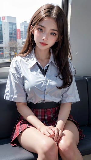 (8K High Resolution), (Highest Quality), (RAW Quality), (Tabletop: 1.2), (Realistic), (Photorealistic: 1.37), ,Big eyes, long eyelashes, (Live-action realistic style), Ultimate face, realistic light and shadow, distinct facial features, ,Fair skin, ),Best portrait, Close-up shot, 1 girl, Cute, Beautiful detailed eyes, Highly detailed skin, (Beautiful face with double eyelids), (Realism: 1.4), ((Full body image)) ,Detailed and beautiful face,, Woman around 20 years old, (Beautiful face 1.4),Medium hair,((Japanese high school student in uniform)),(Eye contact with audience),Red lipstick,Drawing lines around eyes,(Smiling slightly),Sitting on a train seat,(Japanese uniform),Beautiful face in the light,Red lipstick,Drawing around eyes,Very beautiful legs,Attractive,Very bright world,Tie,Checked,Checked skirt,School uniform,White shirt