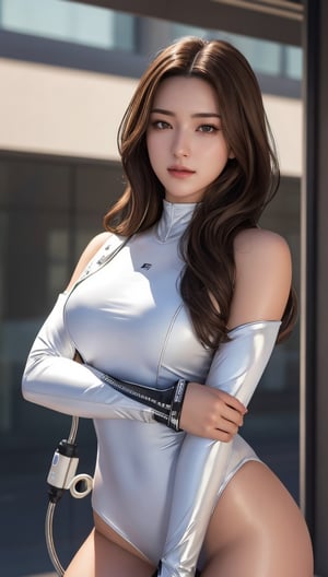 Super high resolution, masterpiece, highest quality,
Highly detailed face, detailed eyes, very complex, perfect shiny shiny skin, perfect lighting, detailed lighting, dramatic shadows, ray tracing, 16 years old, 1 girl, brown hair, Upper body, white cyberpunk costume, cable, machine, thighs, looking at camera, (smile: 0.4), acjc, surugirorashi