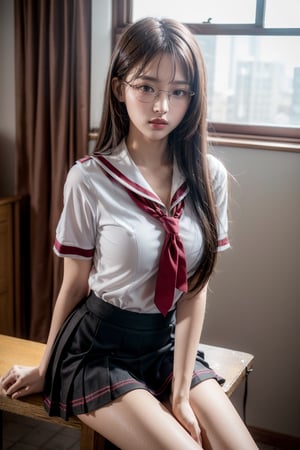 (((masterpiece))), ((elaborate and detailed)), top quality, masterpiece, ultra high resolution, 8K, raw, (photorealistic: 1.4), professional lighting, 18 years old, 1 girl, solo, slim, glasses, brown eyes, (sad smile: 0.6), school uniform, looking at viewer, skirt, brown hair, indoors, sailor uniform, hair accessory, hair ribbon, long hair, ribbon, pleated skirt, realistic, hair clip, sailor collar, neckerchief, bangs, short sleeves, pink ribbon, black skirt, shirt, lips, white shirt, upper body, red neckerchief, big breasts, handsome, short cut, mouth closed, medium breasts,