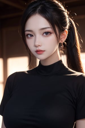 ultra high res,masterpiece,best quality, very detailde face,detailed eyes,extremely intricate,perfect glossy shiny skins,perfect lighting,detailed lighting,dramatic shadows,ray tracing, 1girl,upper body,black shirt,looking at viewer,,cute girl