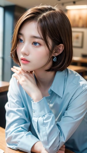 (8k, raw photo, highest quality, master piece: 1.2), (real, photorealistic: 1.37), One Girl, Only 19, cute, adorable, (blue eyes), (shy smile: 0.4), (solo) ,Details Face, oval face, thin almond-shaped eyes, (short brown hair: 1.3), hair growing in one eye, slender build, medium chest, collared shirt, lying on back, tilting head, fluorescent lighting, Sitting in a coffee shop, by the cafe, window, small head, (looking away), teenage girl, earrings,wanpeng
