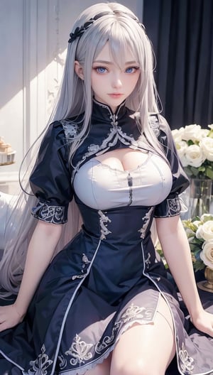 absurd, essential, best quality, nffsw, 1 female, mature female, (sharp focus), villain smile, medium breasts, (long silver hair), hime style, hime hair, (blue eyes), (detailed eyes), white and red nugoth dress, short sleeves, thighs, purple bouquet, realism, Black_castle, highly detailed, vibrant, intricate details, photorealistic, Sulgilorashi, d4sh4, 2b, plain doll, fancy clothes