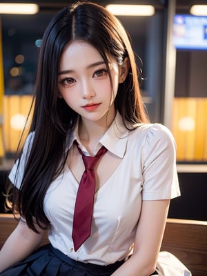 (masutepiece, Best Quality:1.2), 8K, 18year old, 85 mm, Official art, Raw photo, absurderes, White dress shirt, Pretty Face, close up, Upper body, violaceaess, gardeniass, Beautiful Girl, , (Navy pleated skirt:1.1), Cinch Waist, thighs thighs thighs thighs, Short sleeve, Classroom, Gravure Pose, Looking at Viewer, No makeup,ssmile, Film grain, chromatic abberation, Sharp Focus, face lights, clear lighting, Teen, Detailed face, Bokeh background, (dark red necktie:1.1), medium breasts?, Skinny face,sayaairie,fz,nichakarn-methmutha,sssggg,Japan Hime_cut style,Ayano