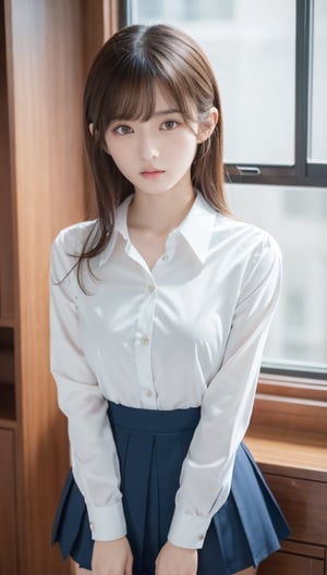 (8k, RAW photo, Photorealistic: 1.25), 1womanl, up of face, mideum breasts, light brown hair, Blunt bangs, hair behind ear, hair over shoulder, Long hair, slender body shape, Ultra Fine Face, Thin face, Delicate lips, Beautiful eyes, thin blush, eyes are light brown, perfect glossy skin, flawless skin, Glistening sweat,View here, Ultra-thin hands, Ultra-fine fingers, best ratio four finger and one thumb, (realisitic:1.3), Finger Extensions, School Uniforms、White dress shirts、Dark blue pleated skirt、‎Classroom, One-person viewpoint, Fuji Film, medium breasts⁩, 8K, masutepiece, nffsw, Super Detail, High quality, Best Quality, hight resolution,enako,asuka