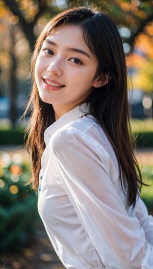 Masterpiece, DSLR photography, analog style, Nikon D5, live action photography, beautiful 16 year old female, dramatic lighting (85mm), autumn garden in background, (detailed face), (beautiful sparkling eyes), dynamic angle, Michelangelo style, long hair, long sleeve white button up shirt, smile: 1.4, Bzpeony