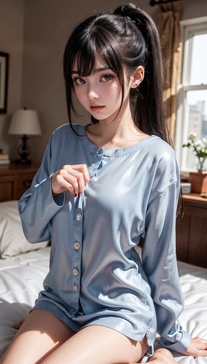 Ultra High Resolution, Masterpiece, Top Quality, High Resolution Face, Detailed Eyes, Very Hard, Perfectly Glowing Skin, Perfect Lighting, Detailed Lighting, Dramatic Shadows, Ray Tracing, 16 Years Old, 1 Girl, Inverted Triangle Face, Narrow Eyes, Ponytail, Pajamas, Silk Pajamas, On Bed, Bedroom, Black Nails, Black Hair, Long Sleeves, Bangs, Nail Polish, Ear Piercing, Staring at the Audience, (Smile: 0.4), little_cute_girl, Photo of a Woman, Chihara