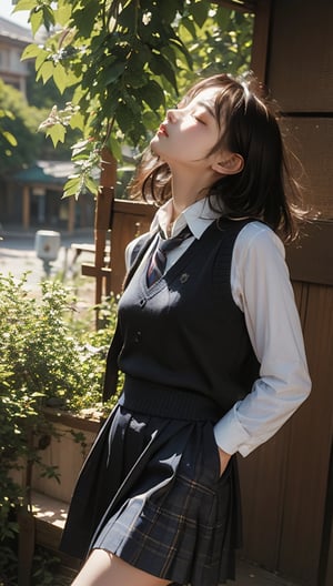 masterpiece, best quality, high resolution face, detailed eyes, 1 girl,, school uniform, necktie, black hair, closed eyes, long hair, realistic, skirt, short hair, medium breasted, tree, real world location, sweater vest, outdoors, looking up, vest, brown hair, overgrown, bag, scenery, nature, plaid, striped necktie, shirt
