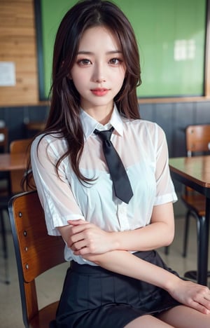 Close-up, masterpiece, best quality, raw photo, photorealistic, smiling, beautiful girl, cute, long hair, depth of field, high resolution, ultra detailed, detailed, highly detailed eyes and face, sharp pupils, realistic pupils, sharp focus, cinematic lighting, school uniform, sitting on a stylish cafe chair, upper body, , Bomi, beauty