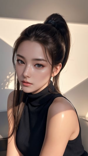 Super high resolution, masterpiece, highest quality,
Highly detailed face, detailed eyes, very complex, perfect shiny shiny skin, perfect lighting, detailed lighting, dramatic shadows, ray tracing, 16 years old, 1 girl, with ponytail Hairstyle, upper body, black virgin sweater, sleeveless, thighs, looking at camera, (smile: 0.4), acjc,seulgilorashy