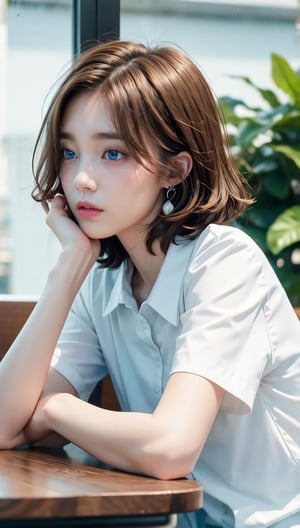 (8k, raw photo, highest quality, master piece: 1.2), (realistic, photorealistic: 1.37), One Girl, Only 19, cute, adorable, (blue eyes), (shy smile: 0.4), (solo), Details Face, oval face, pale almond-shaped eyes, (short brown hair: 1.3), hair over one eye, slender build, medium chest, white collared shirt, lying on back, head tilted, fluorescent Lights, sitting in a coffee shop, by the cafe, window, small head, (looking away), teenage girl, earrings, pen