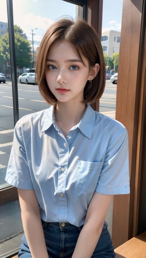 (8k, raw photo, highest quality, master piece: 1.2), (realistic, photorealistic: 1.37), One Girl, Only 19, cute, adorable, (blue eyes), (shy smile: 0.4), (solo), Details Face, oval face, pale almond-shaped eyes, (short brown hair: 1.3), hair over one eye, slender build, medium chest, white collared shirt, lying on back, head tilted, fluorescent Lights, sitting in a coffee shop, by the cafe, window, small head, (looking away), teenage girl, earrings, pen