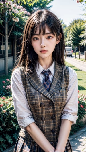 masterpiece, best quality, high resolution face, detailed eyes, 1girl,solo,school uniform,medium breasted, vest, brown hair, overgrown, bag, landscape, nature, plaid, striped tie, shirt,blossoms,falling_petals,looking at viewer,
