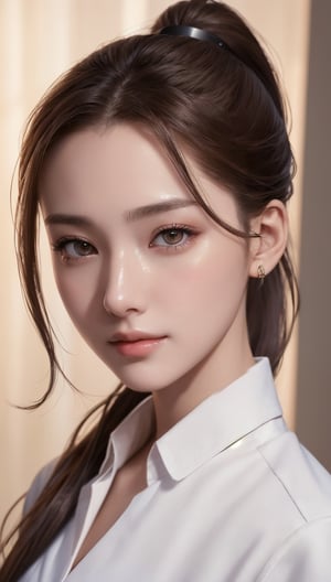 Super high resolution,masterpiece,highest quality,
highly detailed face,detailed eye,very complicated,perfect shiny shiny skin,perfect lighting,detailed lighting,dramatic shadow,ray tracing,16 years old, 1 girl,ponytail hairstyle,Upper body,female doctor&#39;s coat,white shirt,looking at the viewer,(slight smile:0.4),
