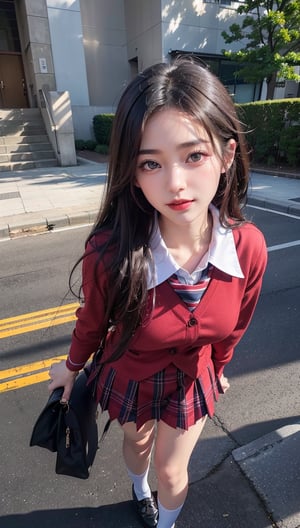 (8K High Resolution), (Highest Quality), (RAW Quality), (Tabletop: 1.2), (Realistic), (Photorealistic: 1.37), ,Big eyes, long eyelashes, (Live-action realistic style), Ultimate face, realistic light and shadow, distinct facial features, ,Fair skin, ),Best portrait, Close-up, One girl, Cute, Beautiful detailed eyes, Highly detailed skin, (Beautiful face with double eyelids), (Realism: 1.4), ((Full body image)) ,Detailed and beautiful face,, Woman around 20 years old, (Beautiful face 1.4),Medium hair,((Japanese high school student in uniform)),(Eye contact with audience),Red lipstick,Drawing lines around eyes,(Smiling slightly),　Standing on a platform at a Japanese station, Commuting to school, (Japanese uniform), Beautiful face reflected in the light, Red lipstick, Drawing around eyes, Very beautiful legs are attractive, Very bright world, Tie, Checkered, Checkered skirt, School uniform, White shirt