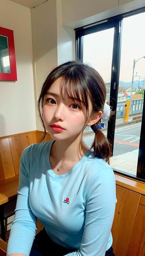 (8K, Raw photography, top-quality, masterpiece:1.2), (realisitic, Photorealsitic:1.37), 1 girl in, 16 only, cute little, idolable, (blue eyes), (Shy smile:0.4), (Solo ), detailed face, oval-face, Thin almond eyes, ponyTail, A slender, medium breasts, jaket, White tee shirt, Dramatic Angle, tilt of the head, fluorescent lamp, Inside the coffee shop, Sitting by the window, small head, (Facing the other side), teens girl,enako