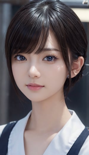 masterpiece, 1 beautiful girl, A detailed eye, Swollen eyes, top-quality, A high resolution, (reality: 1.4), 映画の証明, japanes, Trendy Korean Cosmetics、a asian beauty, very extremely beautiful, Beautiful skins, A slender, Forward-facing body, (A hyper-realistic), (hight resolution), (8K), (ighly detailed), ( Best Illustration), (beautifully detailed eyes), (ultra-detailliert), (wall-paper), 详细的脸, Bright lighting, Professional Lighting, looking at the viewers, Facing straight ahead、a pixie cut、Neat and clean clothing、background slightly blurred、Hair color is black、Hair color is partially bright blue、Japanese high school  girl、School white and navy blue uniform、Amazing smile、Eye color is brown、huge tit
,stasis pod,