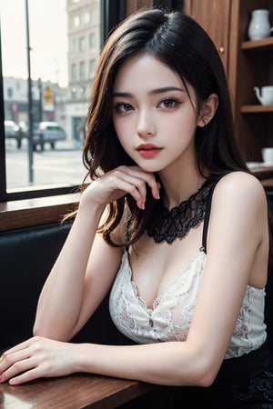 Ultra high resolution, masterpiece, highest quality, highly detailed face, detailed eyes, highly intricate, perfect shiny glowing skin, perfect lighting, detailed lighting, dramatic shadows, ray tracing, 1 girl, upper body, black knitted dress with lace, looking at viewer, pretty girl, sitting at a cafe