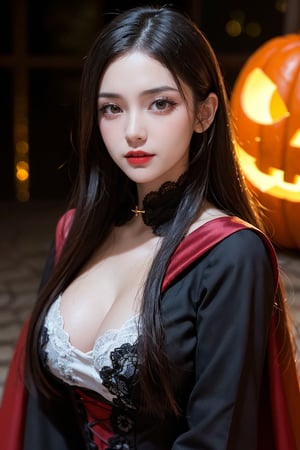 Ultra high resolution, masterpiece, highest quality, highly detailed face, detailed eyes, highly complex, perfect shiny glowing skin, perfect lighting, detailed lighting, dramatic shadows, ray tracing, 1 girl, upper body, Count Dracula costume with lace, elegant black cape, high collar, red satin lining, bloody fangs, slicked back hair, white gloves, aristocratic attitude, looking at viewer, pretty girl, sitting in Halloween cafe decorated with jack-o-lanterns, shrink, Halloween, Halloween costume, night sky