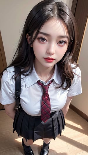 (8K High Resolution), (Highest Quality), (RAW Quality), (Tabletop: 1.2), (Realistic), (Photorealistic: 1.37), ,Big eyes, long eyelashes, (Live-action realistic style), Ultimate face, realistic light and shadow, distinct facial features, ,Fair skin, ),Best portrait, Close-up, One girl, Cute, Beautiful detailed eyes, Highly detailed skin, (Beautiful face with double eyelids), (Realism: 1.4), ((Full body image)) ,Detailed and beautiful face,, Woman around 20 years old, (Beautiful face 1.4),Medium hair,((Japanese high school student in uniform)),(Eye contact with audience),Red lipstick,Drawing lines around eyes,(Smiling slightly),　Standing on a platform at a Japanese station, Commuting to school, (Japanese uniform), Beautiful face reflected in the light, Red lipstick, Drawing around eyes, Very beautiful legs are attractive, Very bright world, Tie, Checkered, Checkered skirt, School uniform, White shirt