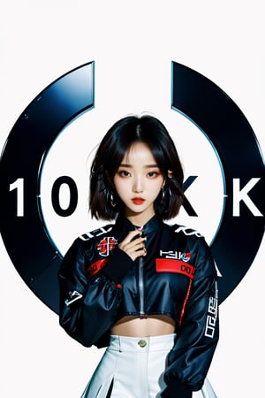 ("10K" text logo: 1.4), masterpiece, best quality, detailmaster2, ultra detailed, high resolution, character, 1 girl, solo, beautiful K-pop idol, beautiful Japanese, fashion, cyberpunk outfit, white background, expressive concept art, dark theme, hubggirl