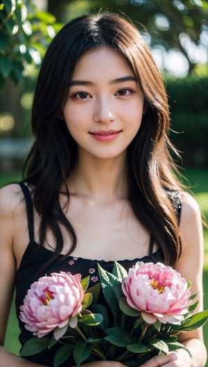 Masterpiece, DSLR photography, analog style, Nikon D5, live action photography, beautiful 16 year old female, dramatic lighting (85mm), flowering garden in background, (detailed face), (beautiful sparkling eyes), dynamic angle, Michelangelo style, long hair, Black shirt, smiling face: 1.4, Bzpeony