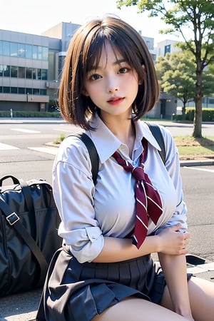 (((realistic))), ((medium_shot)), ((little_girl)),bob cut,straight_hair,(large breasts:1.3),thick thigh,(tight), sitting,looking back,slightly open mouth,((dynamic poses)),  high school uniform, ((school)), tokyo city,
