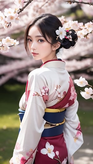 (Masterpiece: 1.3), (Photoreal: 1.4), 8K, top quality, masterpiece, super A high resolution, perfect dynamic composition, professional camera work, glow light effect, realistic portrait, cinematic light, Highly detailed skin and face texture: 1.3, ultra-slim eyes, delicate limbs, spring, cherry blossoms, cherry blossom snowstorm scenery: 1.2, lonely girl, cute and sexy 23-year-old slim woman, white skin, dancing Cherry blossoms: 1.2, (Enchanted expression): 0.9), (Attractiveness): 1.0), (Cherry blossom-colored kimono: 1.3), Only shoulders and shoulder blades exposed, Back shot, Calm pose, (Rich chest: 0.9) , (Beautiful blue eyes, (Eyes that make you feel beautiful Eros: 0.85), Sexy face: 0.4, (Taste that makes you feel beautiful Eros: 0.85), ((Too cute beauty: 0.9))