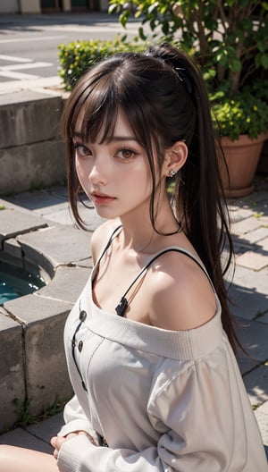 Super high resolution, masterpiece, top quality, high resolution face, detailed eyes, very difficult, perfect glowing skin, perfect lighting, detailed lighting, dramatic shadows, ray tracing, 16 years old, 1 girl, Inverted triangular face, slit eyes, ponytail, cat tail, red eyes, earrings, jewelry, black nails, off shoulder, black hair, long sleeves, bangs, nail polish, jacket, brown jacket, border, ear piercing, cat girl , collared shirt,, looking at the audience, (smile: 0.4), little_cute_girl, photo of a woman, Chihara