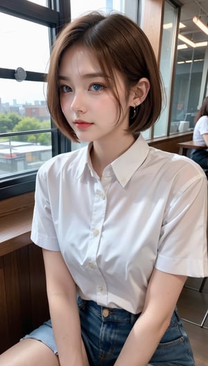 (8k, raw photo, highest quality, master piece: 1.2), (realistic, photorealistic: 1.37), One Girl, Only 19, cute, adorable, (blue eyes), (shy smile: 0.4), (solo), Details Face, oval face, pale almond-shaped eyes, (short brown hair: 1.3), hair over one eye, slender build, medium chest, white collared shirt, lying on back, head tilted, fluorescent Lights, sitting in a coffee shop, by the cafe, window, small head, (looking away), teenage girl, earrings, pen