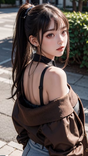 Super high resolution, masterpiece, top quality, high resolution face, detailed eyes, very difficult, perfect glowing skin, perfect lighting, detailed lighting, dramatic shadows, ray tracing, 16 years old, 1 girl, Inverted triangular face, slit eyes, ponytail, cat tail, red eyes, earrings, jewelry, black nails, off shoulder, black hair, long sleeves, bangs, nail polish, jacket, brown jacket, border, ear piercing, cat girl , collared shirt,, looking at the audience, (smile: 0.4), little_cute_girl, photo of a woman, Chihara