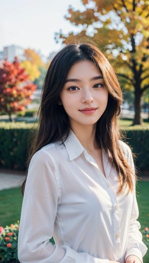 Masterpiece, DSLR photography, analog style, Nikon D5, live action photography, beautiful 16 year old female, dramatic lighting (85mm), autumn garden in background, (detailed face), (beautiful sparkling eyes), dynamic angle, Michelangelo style, long hair, long sleeve white button up shirt, smile: 1.4, Bzpeony