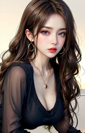 (incredibly absurd, super detailed, cg, uniform, 8k wallpaper), (masterpiece), (realistic), (photorealistic: 1.2), (raw photo: 1.2), (highest quality: 1.2), (detailed face: 1.4), (beautifully detailed eyes: 1.2), (detailed hair), light on face, huge file size, cinematic lighting, 1 girl, sexy, eyeliner, cute, student, long hair, brown hair, ((wavy hair)), hair accessory, ((light blush)), ((mole under eye)), ((expressionless eyes)), blue eyes, ((medium breasted)), fashionista, red lips, makeup, shirt lifted, ((black sweater dress)), black knee-high socks, high heels, jewelry, earrings, necklace, look at the viewer, depth of field,