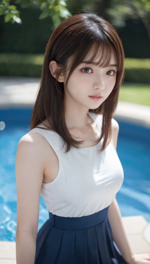 (8k, RAW photo, realism: 1.25), 1 woman, face close-up, medium breasts, light brown hair, blunt bangs, hair behind ears, hair over shoulders, long hair, slim figure, very slim face, thin face, delicate lips, beautiful eyes, light blush, eyes are light brown, perfect shiny skin, flawless skin, glistening sweat, look here, very slim hands, very slim fingers, best ratio of 4 fingers to 1 thumb, (realism: 1.3), finger extensions, uniform, white dress shirt, dark blue pleated skirt, summer poolside, first person perspective, Fujifilm, medium breasts, 8K, Mastepiece, nffsw, super detail, high quality, best quality, high resolution, Enako, Asuka