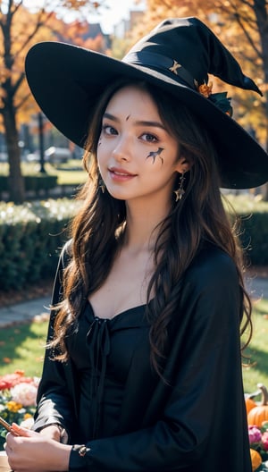 Masterpiece, DSLR photography, analog style, Nikon D5, live action photography, beautiful 16 year old female, dramatic lighting (85mm), autumn garden in background, (detailed face), (beautiful sparkling eyes), dynamic angle, Michelangelo style, long hair, witch costume, pointed hat, black flowing dress, broomstick, green face paint, long cape, gothic jewelry, dark makeup, mystical aura, smile: 1.4, Bzpeony,halloween