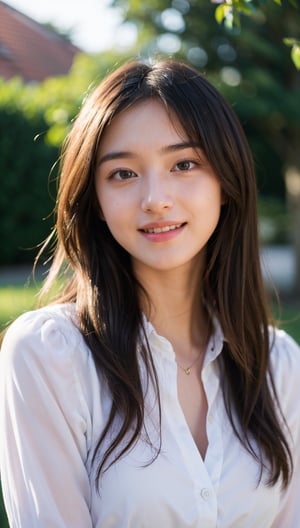 Masterpiece, DSLR photography, analog style, Nikon D5, live action photography, beautiful 16 year old female, dramatic lighting (85mm), flowering garden in background, (detailed face), (beautiful sparkling eyes), dynamic angle, Michelangelo style, long hair, white shirt, smiling face: 1.4,